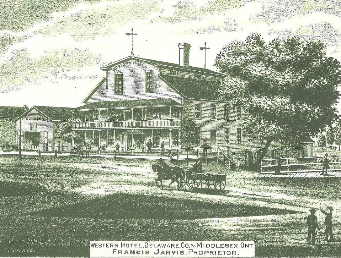 The village of Delaware had several hotels, including this one owned by Francis Jarvis in 1878. This hotel was destroyed by fire in the 1880s, was rebuilt and burnt again in the 1930s.  Located where the legion is today. Sketch is from the 1878 Atlas of Middlesex County.