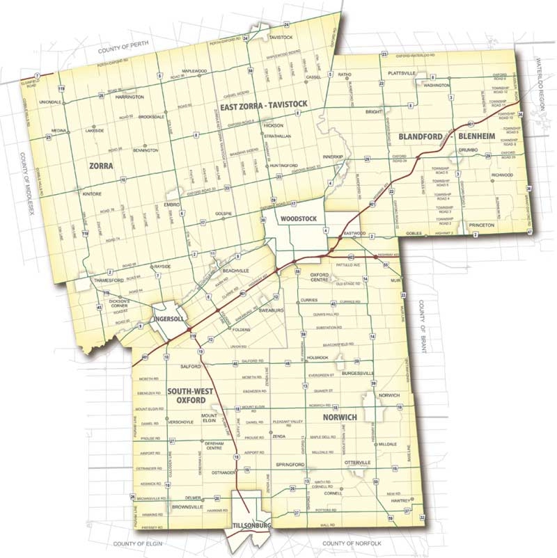 Map Of Oxford County Ontario Rural Routes - County Of Oxford (Upper Tier Oxford)